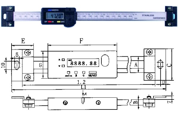 Abbildung: digitales horizontales Längenmesssystem Längenmessgerät 0 - 200 mm (Das Bild kann vom Original geringfügig abweichen.)