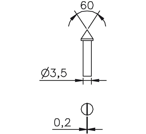 Abbildung: Messeinsatz Stahl gehärtet kegelig flach 60°, Ø0,5mm (Das Bild kann vom Original geringfügig abweichen.)