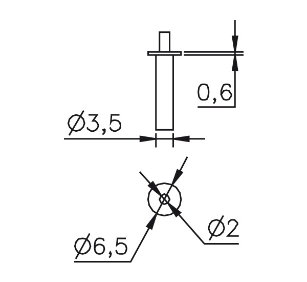 Abbildung: Messeinsatz Stahl gehärtet abgesetzte Messspitze Ø2mm, T-Ø6,5mm (Das Bild kann vom Original geringfügig abweichen.)