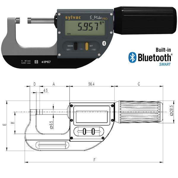 Abbildung: Digitale Bügelmessschraube Sylvac S_Mike Pro Bluetooth® 30 - 66 mm (Das Bild kann vom Original geringfügig abweichen.)