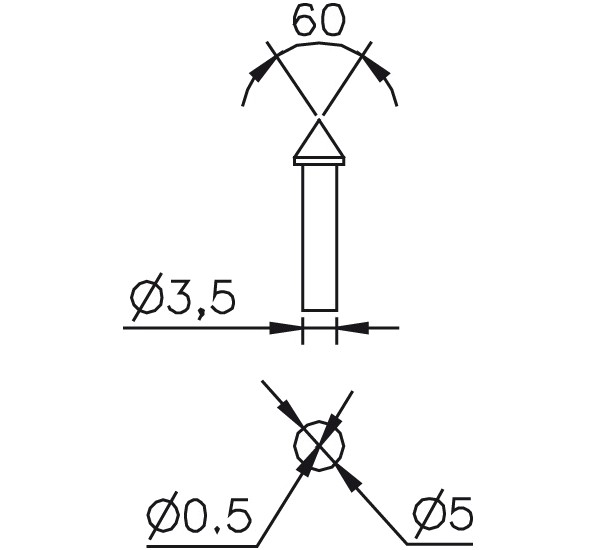 Abbildung: Messeinsatz Stahl gehärtet kegelig spitz 60°, Ø0,5mm (Das Bild kann vom Original geringfügig abweichen.)